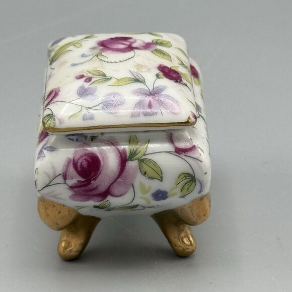 Vtg Footed Rectangle Trinket Box Lid Floral Vanity Glam Victorian Porcelain B141 - Picture 11 of 13